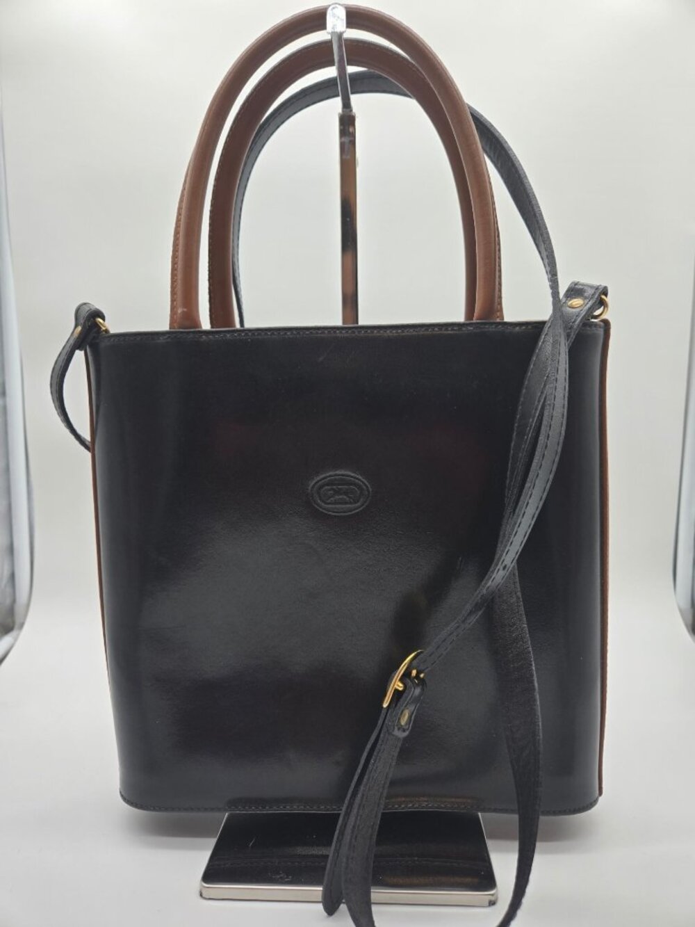 Handmade in Florence Italy Black Brown Smooth Leather Crossbody Tote Bag EUC